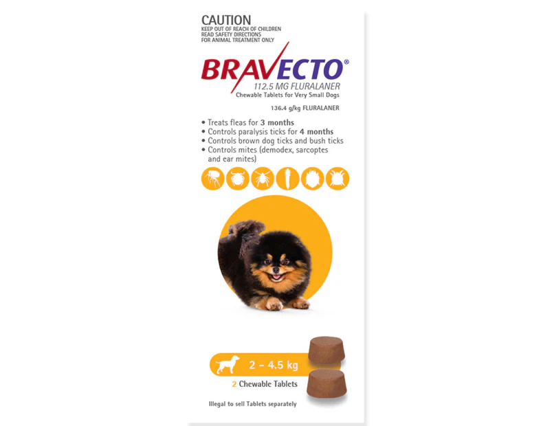 Bravecto Dog 6 Month Chew Tick & Flea Treatment 2.4-5kg Extra Small Yellow