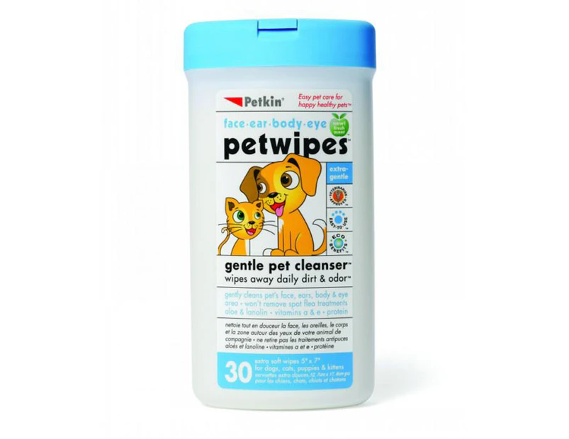 Petkin Pet Wipes Gentle Pet Cleanser for Dogs & Cats 30 Pack