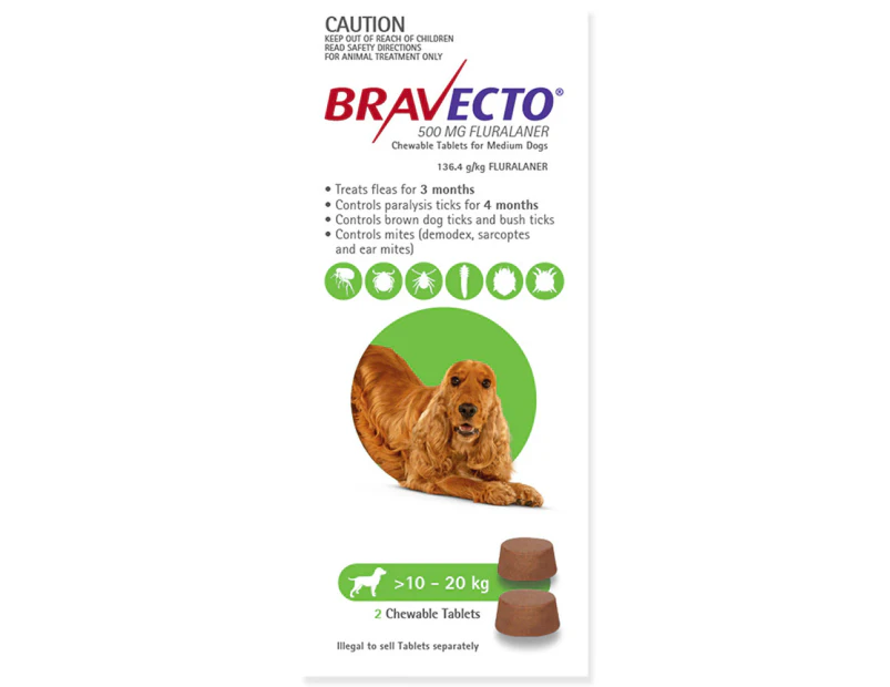 Bravecto Dog 6 Month Chew Tick & Flea Treatment 10-20kg Medium Green