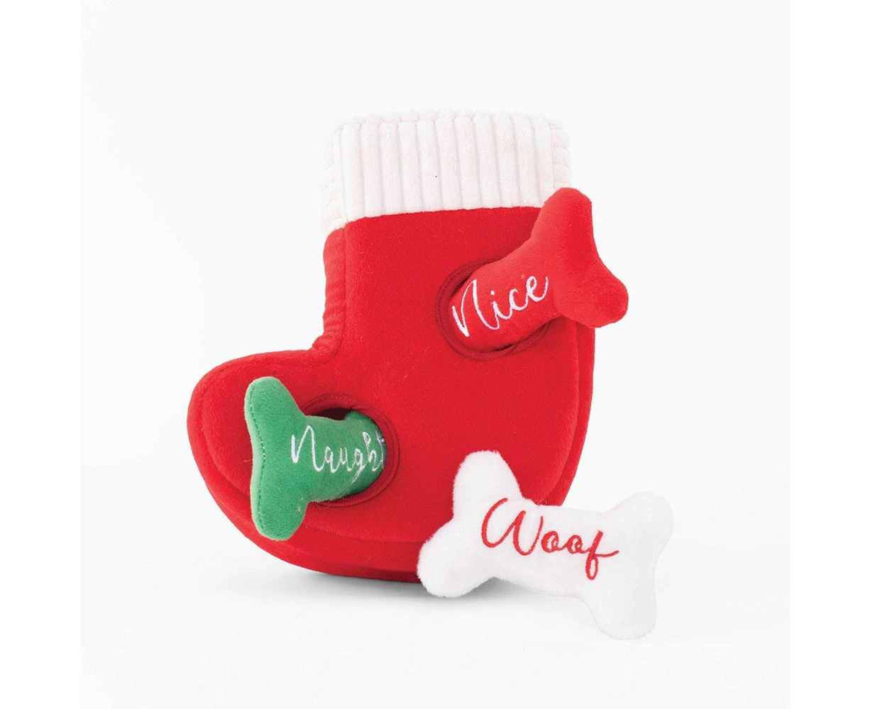 Zippy Paws Interactive Dog Toy - Holiday Burrow - Naughty or Nice Stocking