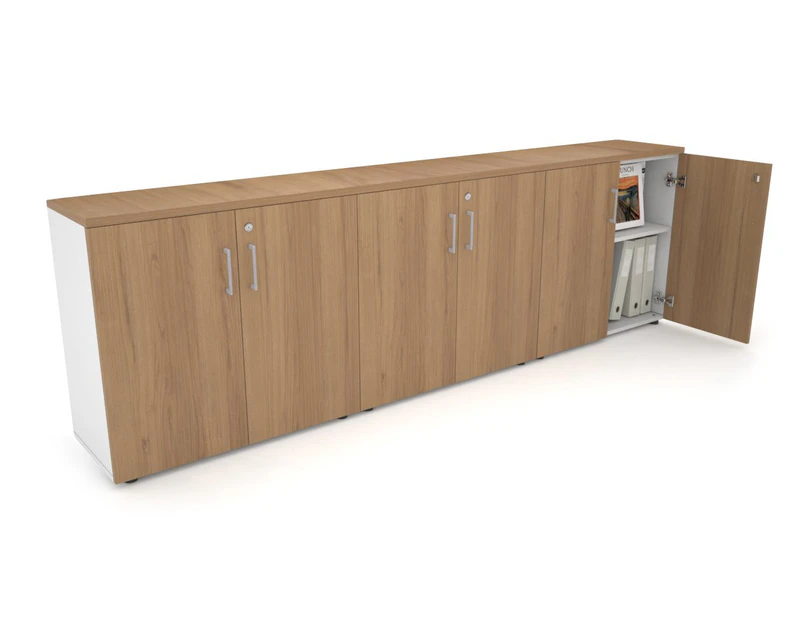 Uniform Small Storage Cupboard [2400W x 750H x 350D] - White, salvage oak, silver handle