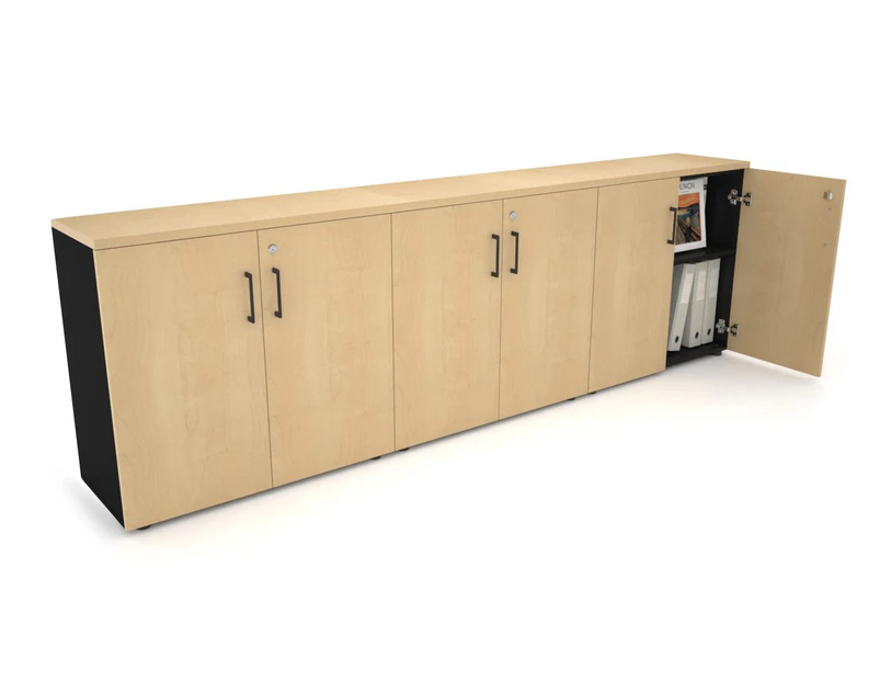 Uniform Small Storage Cupboard [2400W x 750H x 350D] - Black, maple, black handle