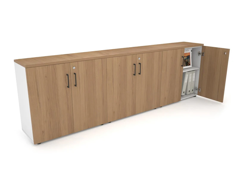 Uniform Small Storage Cupboard [2400W x 750H x 350D] - White, salvage oak, black handle