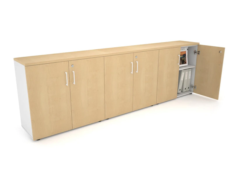 Uniform Small Storage Cupboard [2400W x 750H x 350D] - White, maple, white handle
