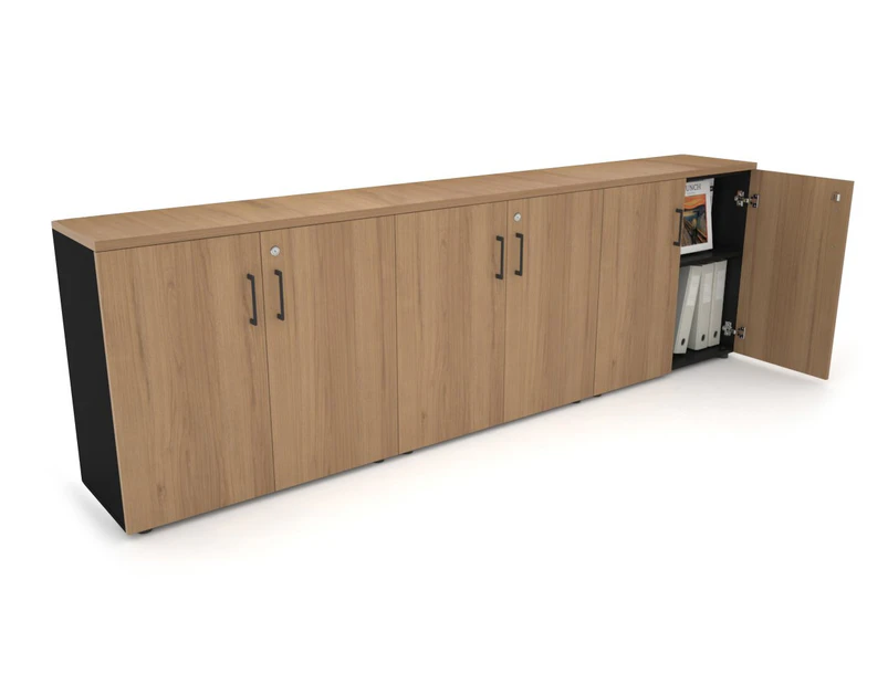 Uniform Small Storage Cupboard [2400W x 750H x 350D] - Black, salvage oak, black handle