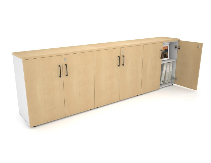 Uniform Small Storage Cupboard [2400W x 750H x 350D] - White, maple, black handle