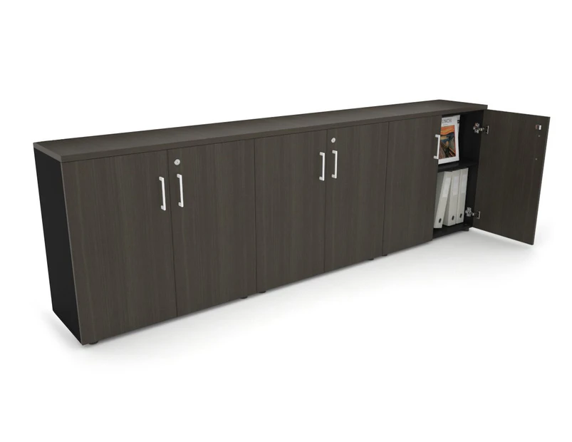 Uniform Small Storage Cupboard [2400W x 750H x 350D] - Black, dark oak, white handle