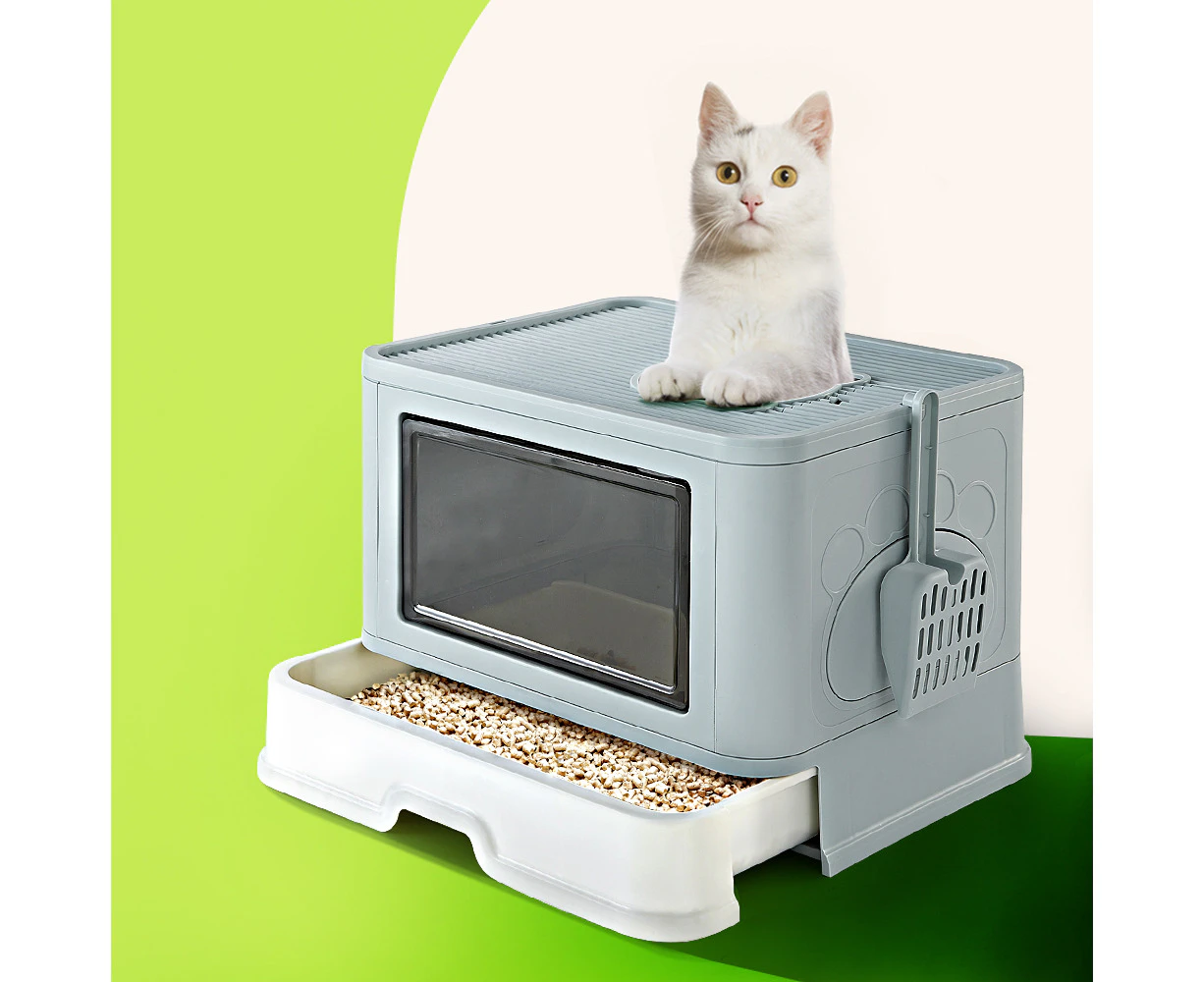 Taily Foldable Cat Litter Box Enclosed Kitty Toilet Hooded Tray Set With Litter Scoop Large Green