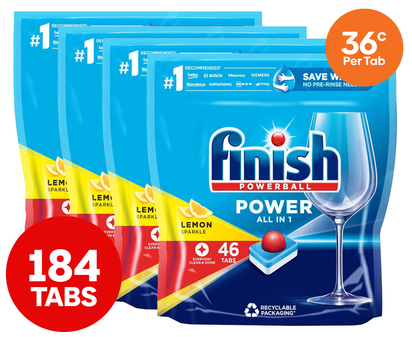 4 X 46pk Finish Powerball Power All In One Dishwashing Tablets Lemon