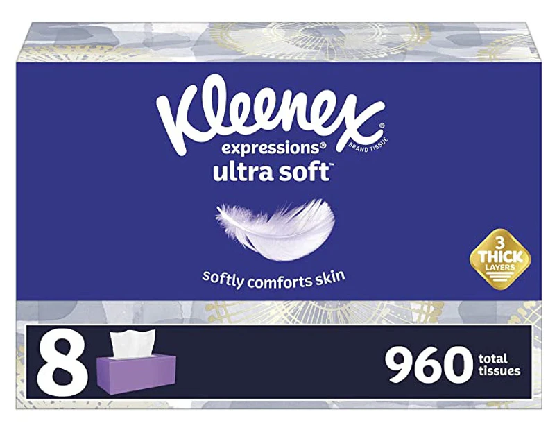 Kleenex Expressions Ultra Soft Facial Tissues, Soft Facial Tissue, 8 Flat Boxes, 120 Tissues per Box, 3-Ply (960 Total Tissues)