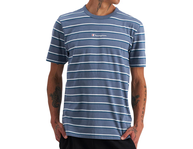 Champion Men's Script Stripe Tee / T-Shirt / Tshirt - Blue