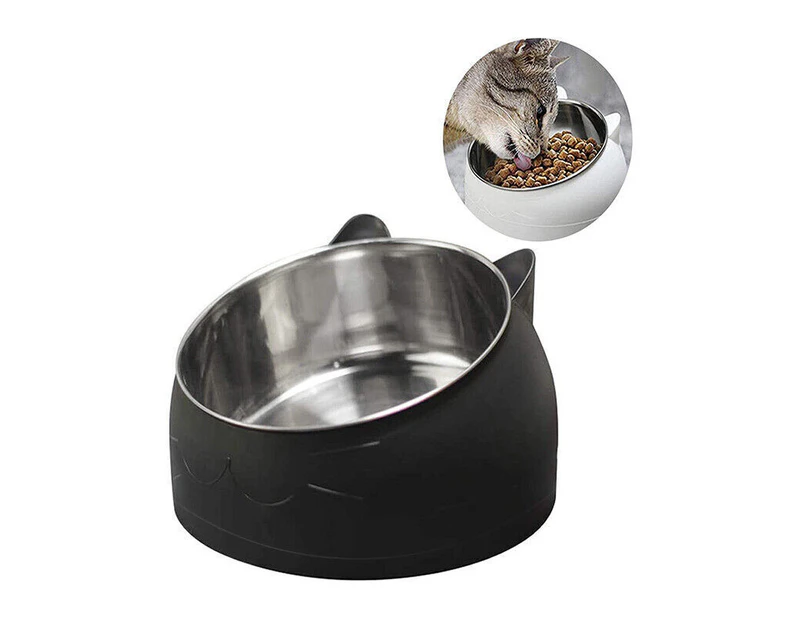 Pet Cat Food Bowl Raised No Slip Stainless Tilted Water Food Feeder-Black