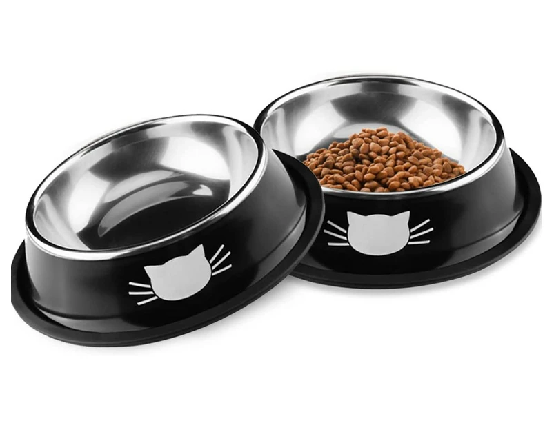2Pcs Stainless Cat Feeding Bowls Water Container Pet Cutlery-Black