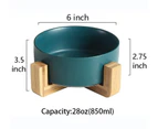 Cat Bowl Ceramic Pet Food Feeder Water Dish With Wooden Stand-Green
