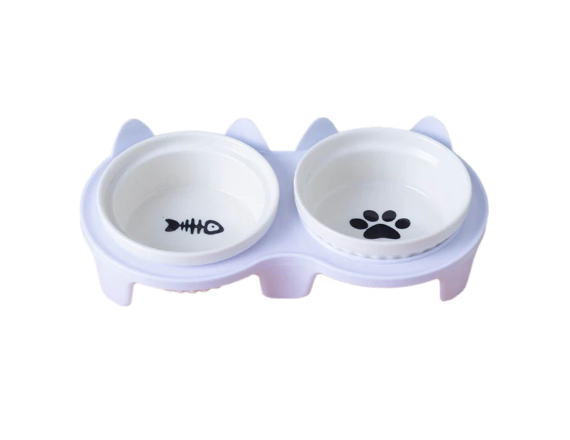 Ceramic Cat Bowls,Double Bowls for Food and Water, Elevated Ceramic Cat Bowls with Plastic Stand-Black bowl + white shelf