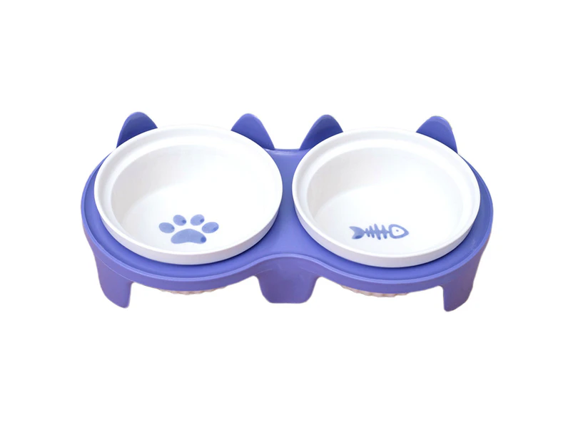 Ceramic Cat Bowls,Double Bowls for Food and Water, Elevated Ceramic Cat Bowls with Plastic Stand-purple