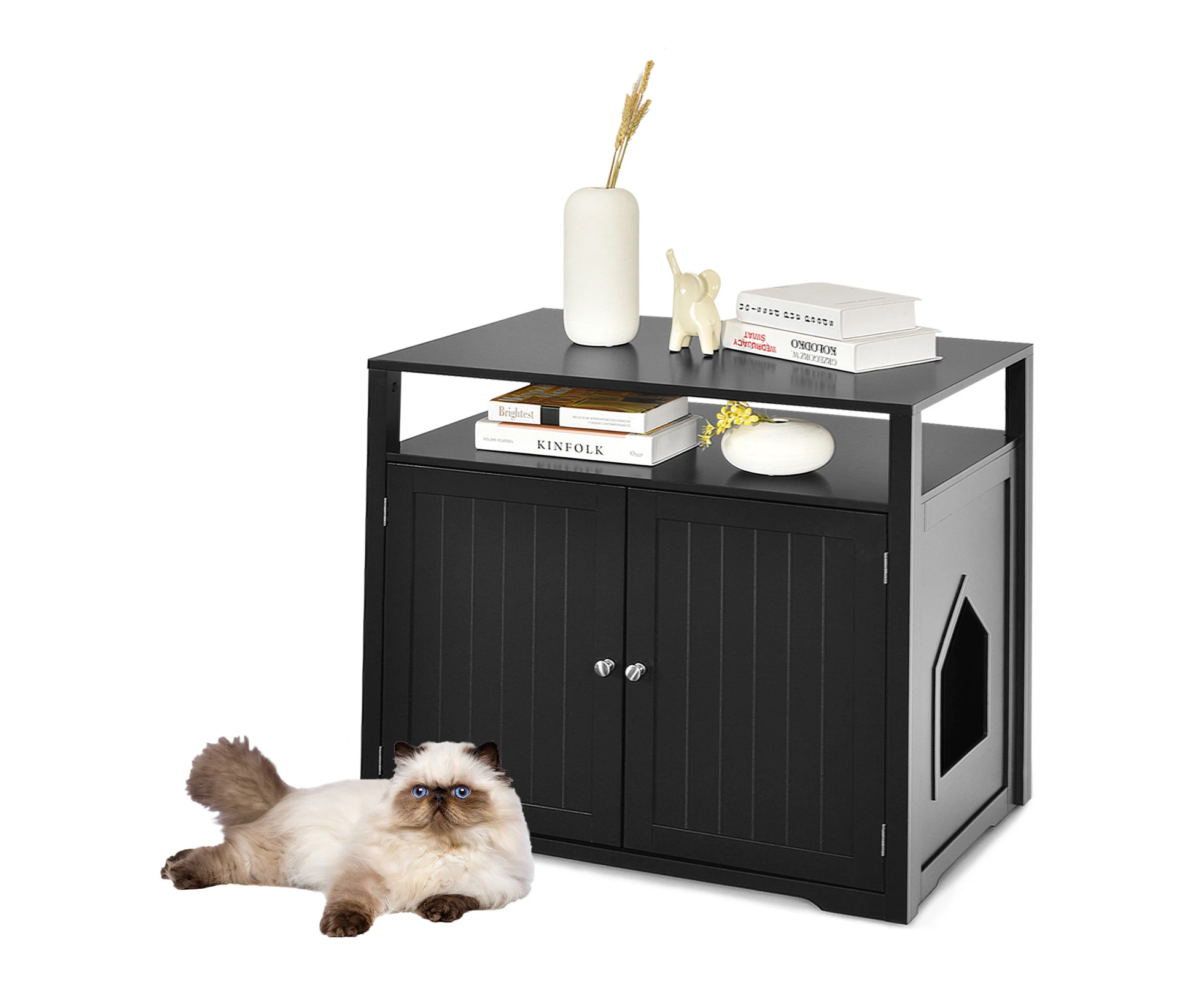 Costway Wood Cat Litter Storage Cabinet Enclosure Kitty Litter Box House Side Table Entryway w/2 Doors&Open Shelf Black