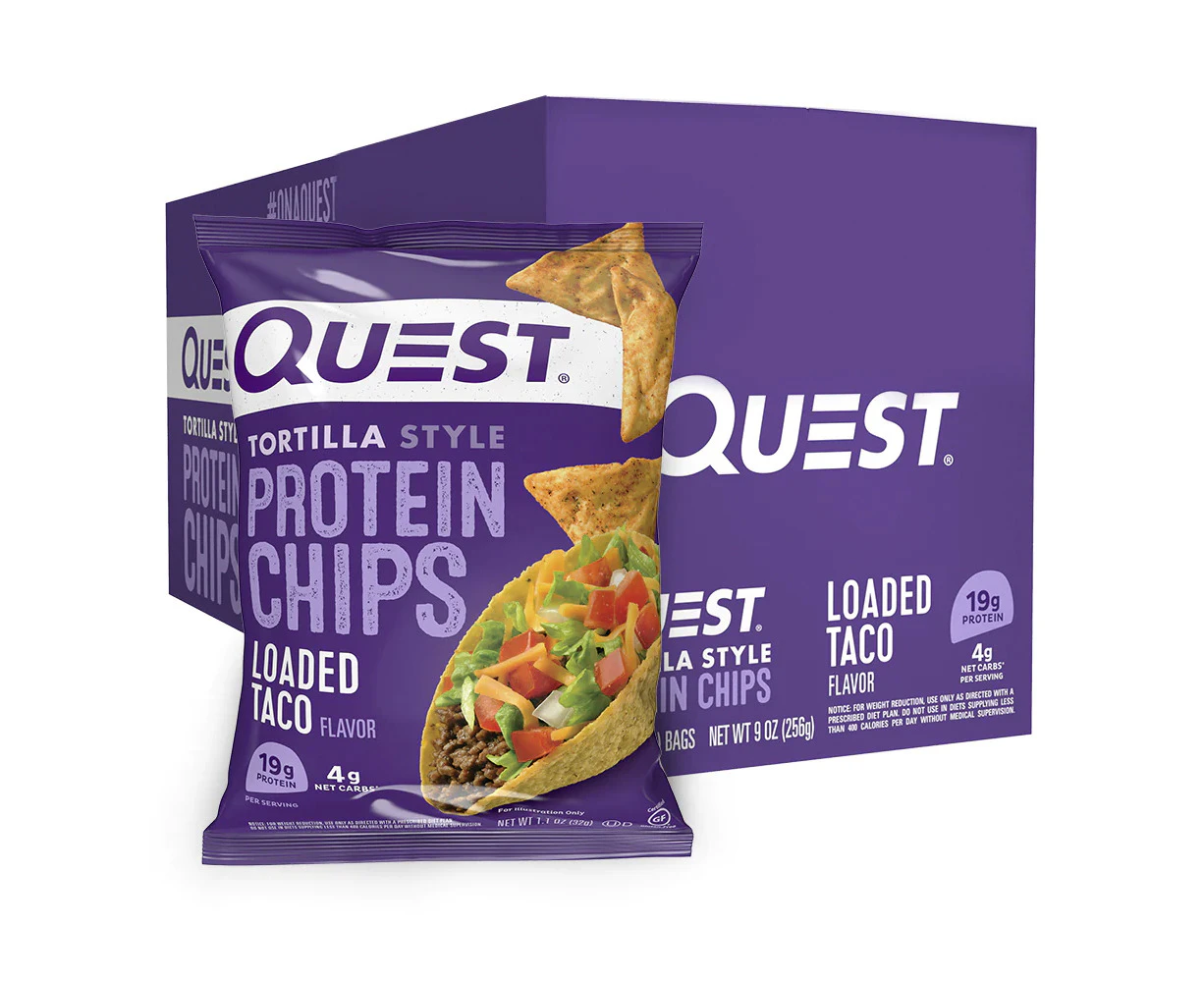 8PK Quest Protein Chips/Tortilla Snack Box Healthy Low Loaded Taco Flavoured 32g