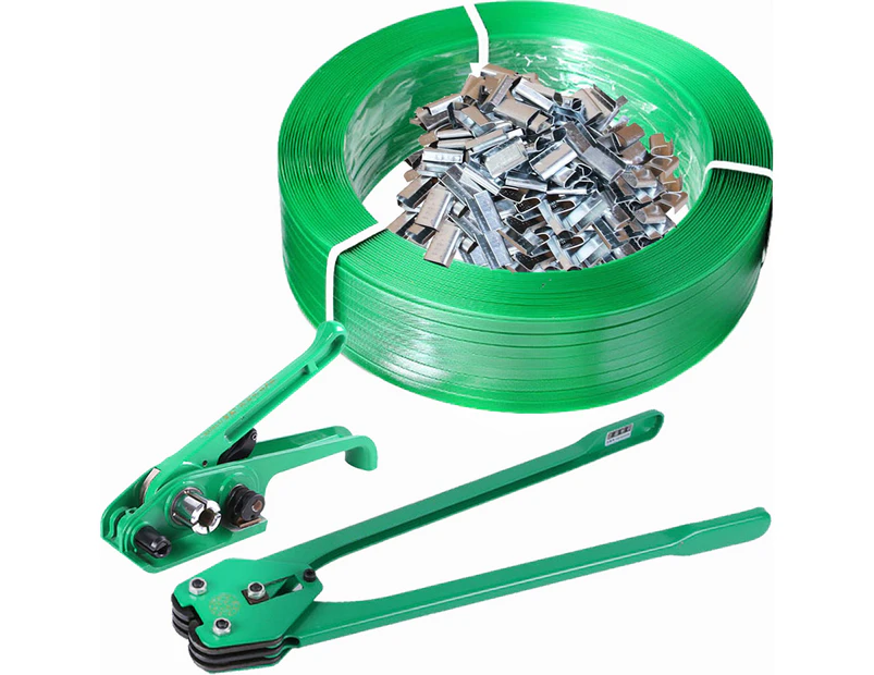 1.2KM Heavy Duty PET/PP Strap + 1K Clips + Tool Set 4 in 1 for Carton Box Bundle Binding Strapping Machine Packing Equipment Wrapping Device