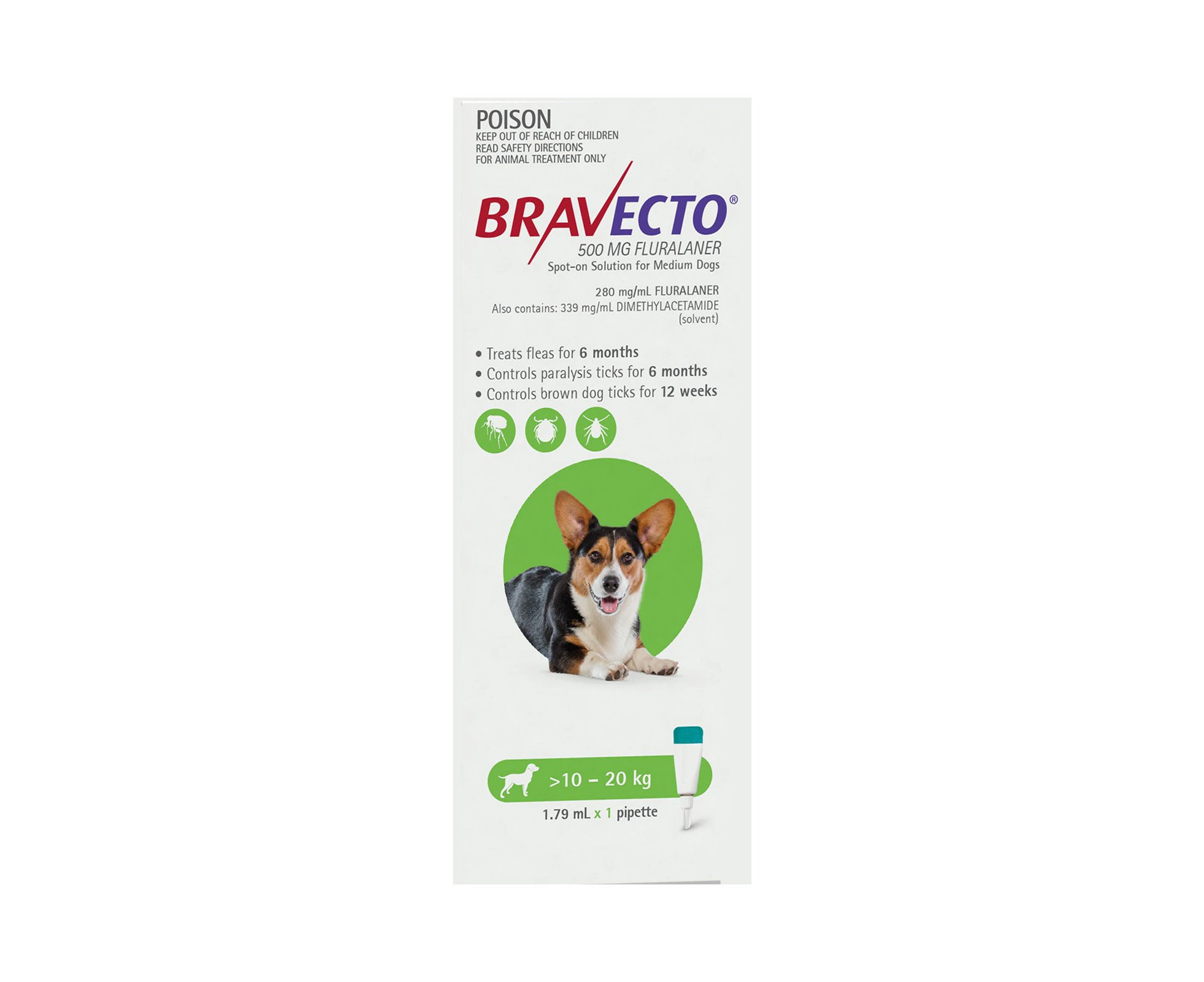 Bravecto Spot On For Medium Dogs 10-20Kg (Green) 1 Pipette