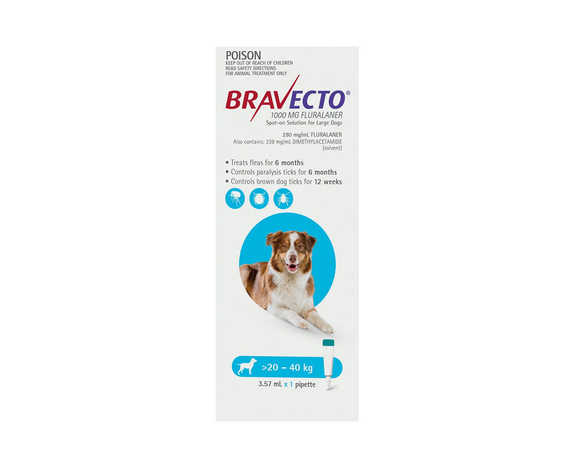 Bravecto Spot On For Large Dogs 20-40kg (Aqua/Blue) 1 Pipette