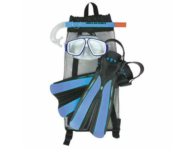 Land & Sea Platypus Snorkel Bag Mask, Snorkel & Fins Set - Blue