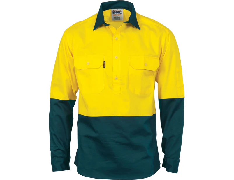 DNC HiVis Two Tone Close Front Cotton Drill Shirt - long sleeve Guss et Sleeve - Yellow/Bottle Green - Yellow