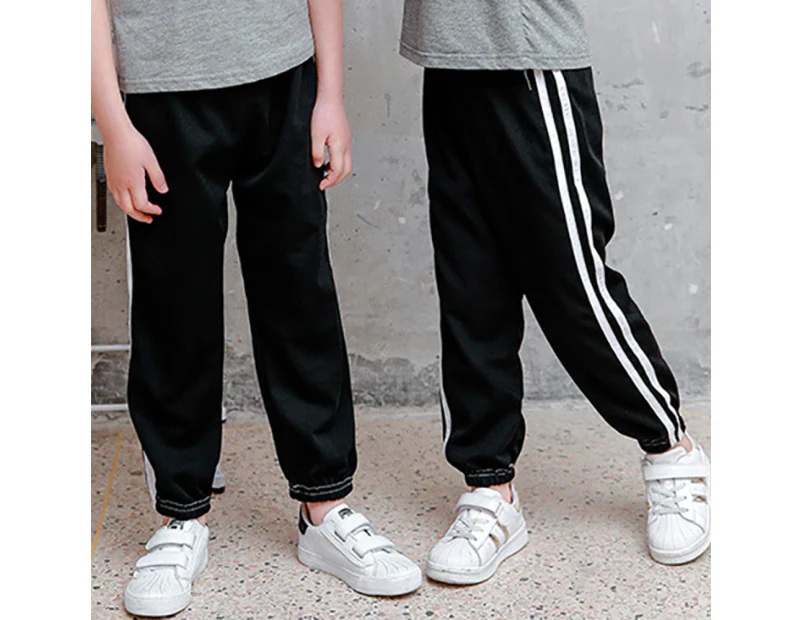 Kids Boys Girls Sweatpants Jogger Slacks Sports Pants Gym School Trousers Elastic Waist Side Striped - Black