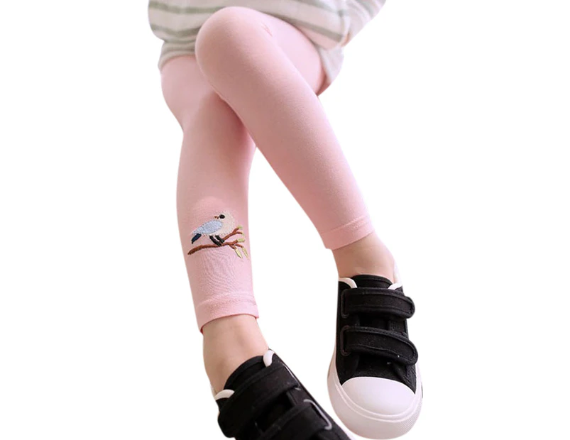 Kids Girls Bird Embroidery Stretchy Slim Legging Casual Trousers Leggings Pants Bottoms - Pink