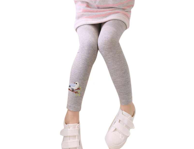 Kids Girls Bird Embroidery Stretchy Slim Legging Casual Trousers Leggings Pants Bottoms - Gray