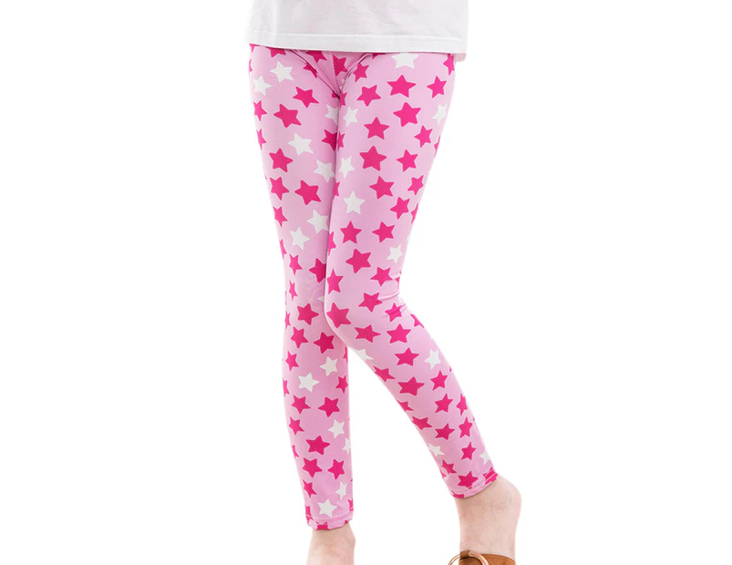 Kids Children Girls Printed Leggings Trousers Skinny Fit Tights Stretch Pants Bottoms Party Fancy Dress - Pink Pentagon Star