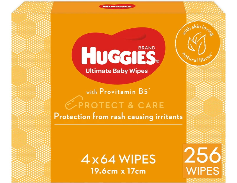 HUGGIES Ultimate Baby Wipes Protect And Care, 256 Wipes (4 x 64 packs)