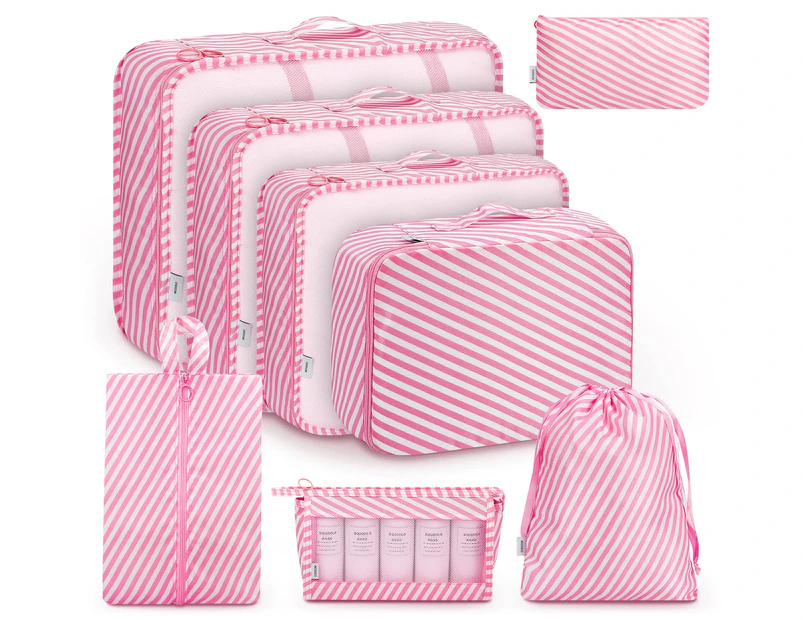 9 Set Travel Luggage Suitcase Organizer Packing Cubes Packing Organisers,Pinkstrip(Inclues one free Gift as seen on photo)