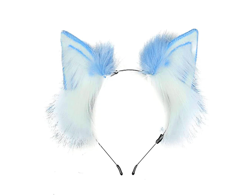 Handmade Wolf Fox Fur Ears Hairhoop Headwear Dress Party Halloween Costume Headband Hairband, blue