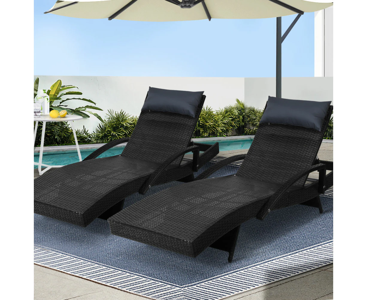 Gardeon 2x Sun Lounge Wicker Lounger Outdoor Furniture Beach Chair Armrest Adjustable Black