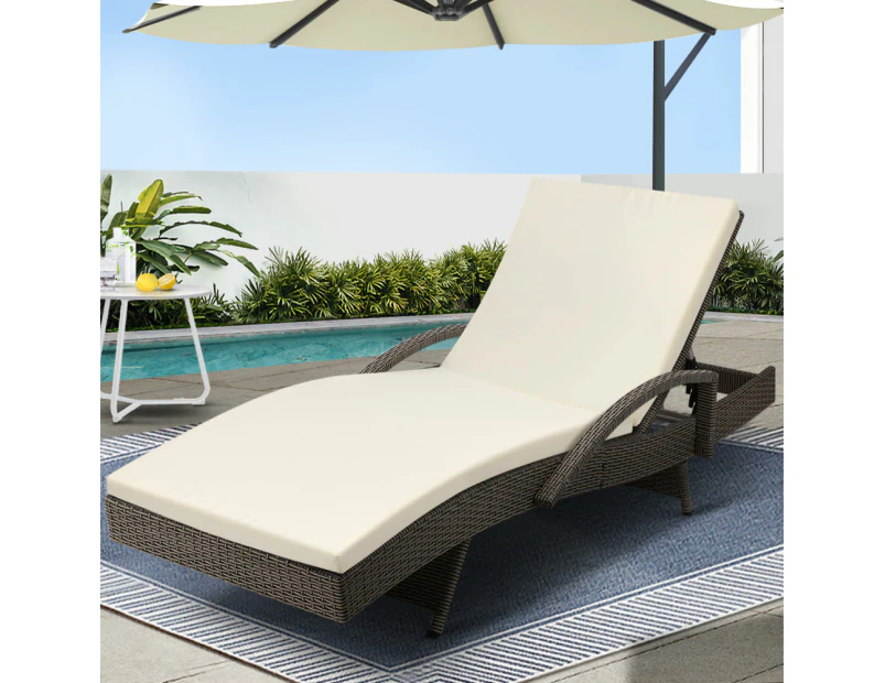 Gardeon Sun Lounge Wicker Lounger Outdoor Furniture Beach Chair Patio  Adjustable Cushion Grey&Beige