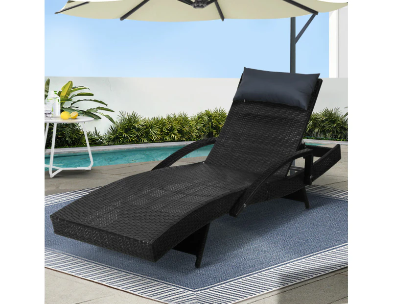 Gardeon Sun Lounge Wicker Lounger Outdoor Furniture Beach Chair Armrest  Adjustable Black
