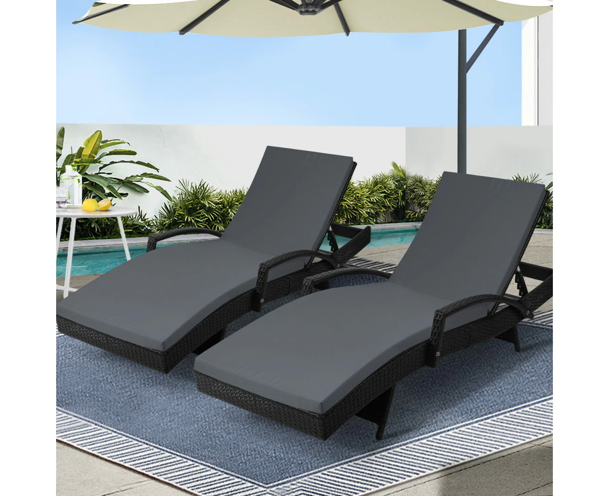 Gardeon 2PC Sun Lounge Wicker Lounger Outdoor Furniture Beach Chair Patio Adjustable Cushion Black