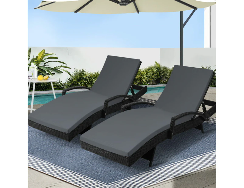 Gardeon 2PC Sun Lounge Wicker Lounger Outdoor Furniture Beach Chair Patio Adjustable Cushion Black