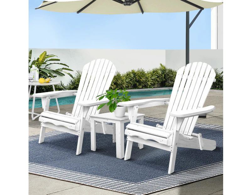 Gardeon 3PC Adirondack Outdoor Table and Chairs Wooden Foldable Beach Chair White