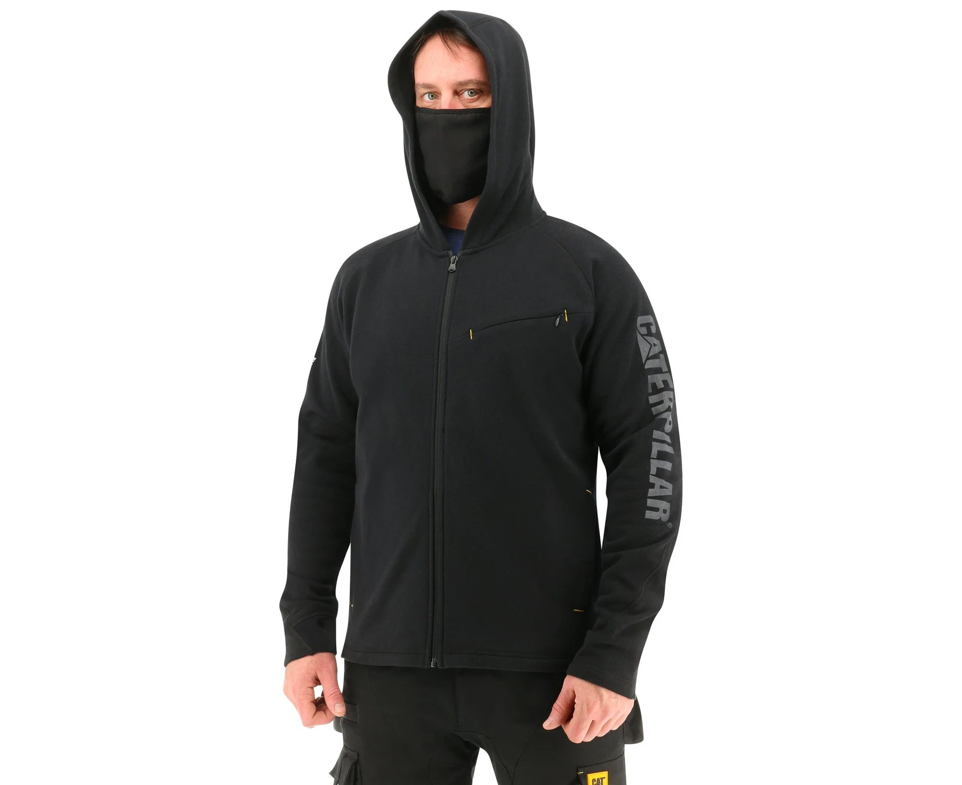 Caterpillar Men's ViralOff Hooded Sweatshirt Hoodie w Face Mask Covering - Pitch Bla