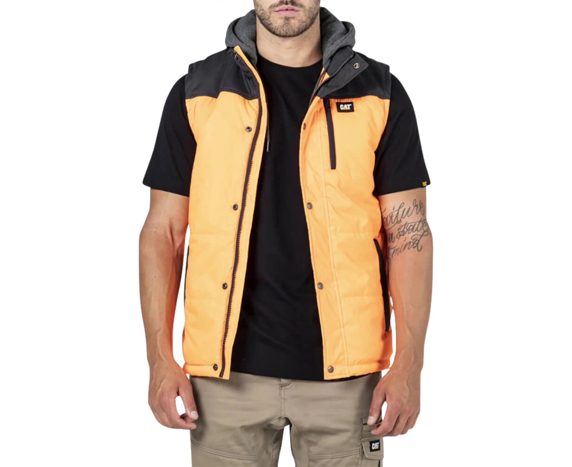 Caterpillar Hi-Vis Hooded Work Vest Jacket - Water Resistant - Orange