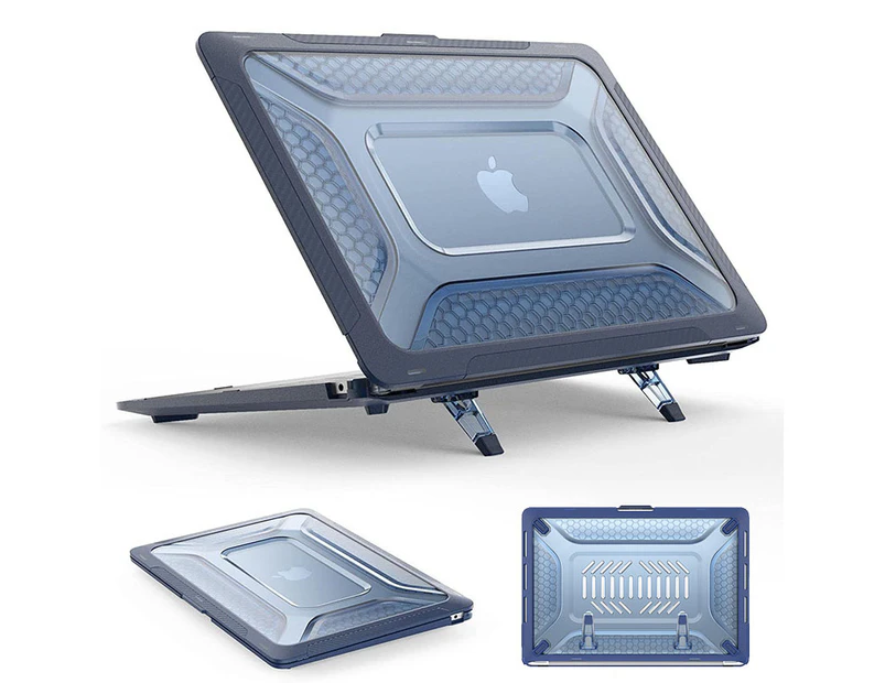 WASSUP MacBook Pro 13 inch (2018-2022) Honeycomb Heavy Duty Protective Case With Slim TPU Bumper & Fold Kickstand-DarkBlue