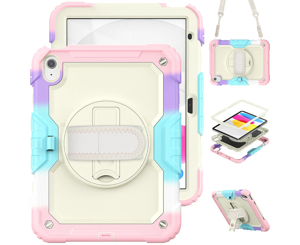 WASSUP iPad 10th Gen 10.9 inch Full-Body Drop Protection Case With Screen Protector 360 Rotating Hand Strap Stand & Shoulder Strap-Colorful&Pink