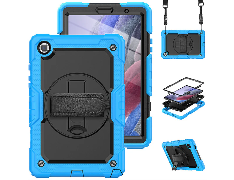 WASSUP Samsung Galaxy Tab A7 Lite 8.7 inch 2021 Drop Protection Case With Screen Protector 360 Rotating Hand Strap Stand & Shoulder Strap-Black&lightBlue