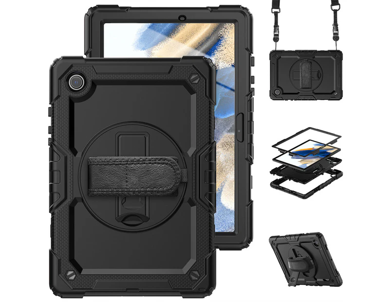 WASSUP Samsung Galaxy Tab A8 10.5 inch 2022 Drop Protection Case With Screen Protector 360 Rotating Hand Strap Stand & Shoulder Strap-Black&Black