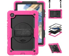 WASSUP Samsung Galaxy Tab A8 10.5 inch 2022 Drop Protection Case With Screen Protector 360 Rotating Hand Strap Stand & Shoulder Strap-Black&RoseRed