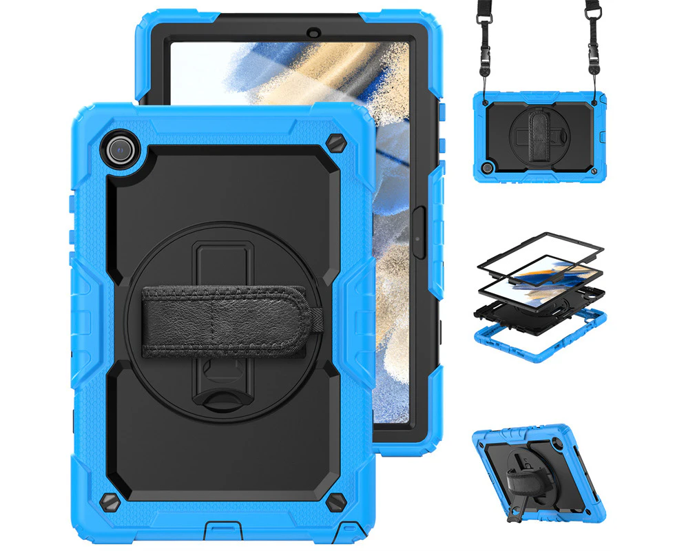 WASSUP Samsung Galaxy Tab A8 10.5 inch 2022 Drop Protection Case With Screen Protector 360 Rotating Hand Strap Stand & Shoulder Strap-Black&lightBlue