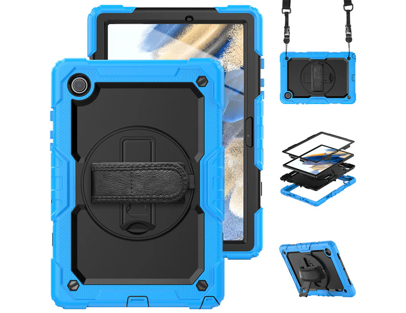 WASSUP Samsung Galaxy Tab A8 10.5 inch 2022 Drop Protection Case With Screen Protector 360 Rotating Hand Strap Stand & Shoulder Strap-Black&lightBlue