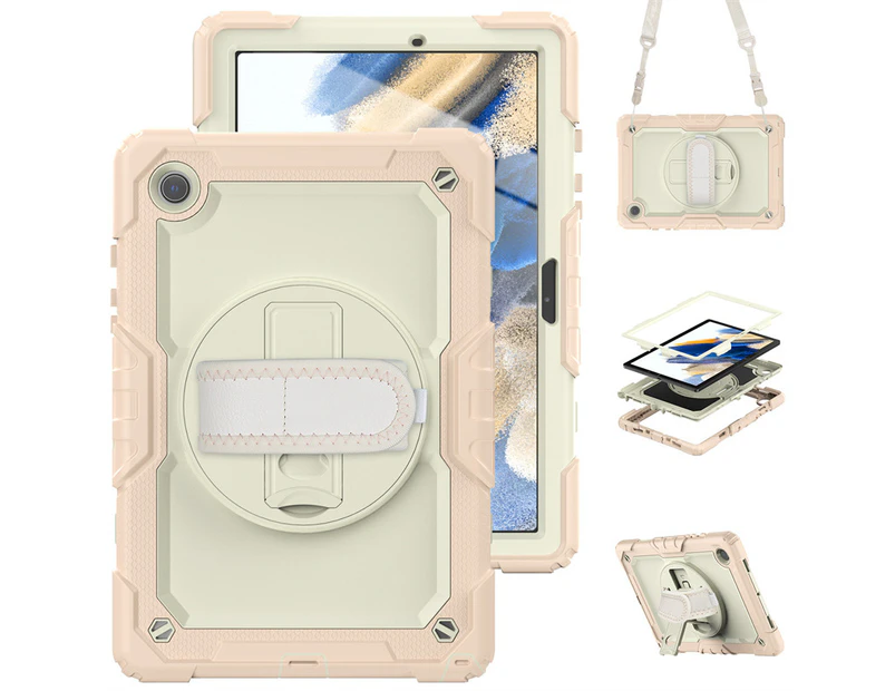 WASSUP Samsung Galaxy Tab A8 10.5 inch 2022 Drop Protection Case With Screen Protector 360 Rotating Hand Strap Stand & Shoulder Strap-Beige&RoseGold